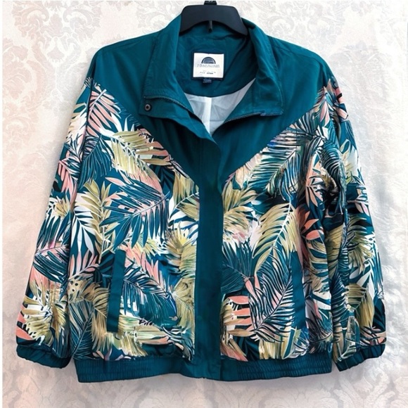 1 Sunset Lane Jackets & Blazers - 1 Sunset Lane Women’s Vintage Teal Tropical Print Windbreaker Jacket Size XL GUC